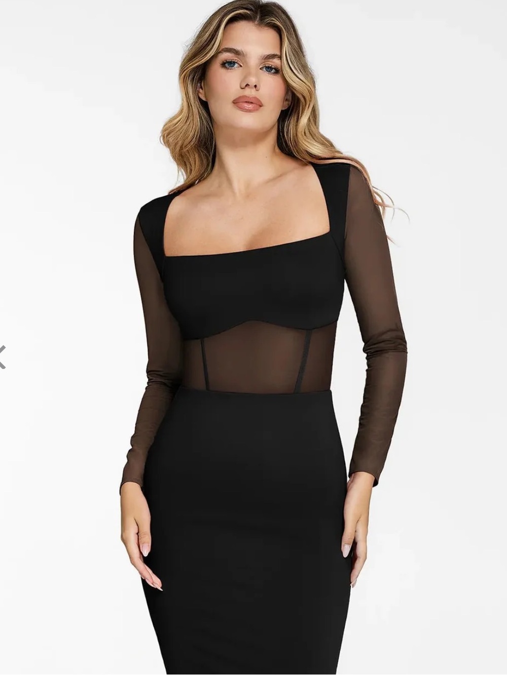 Popilush Shapewear Long Sleeve Mesh Inset Bodycon Midi Dress